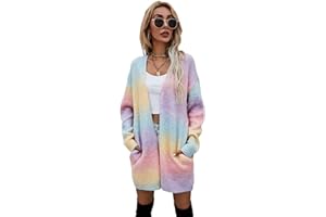 HEYPORK Damen Herbst Winter Warm Bequem Jacke Casual Mode übergangsjacke Mantel Frauen Pullover Regenbogen Mittlere Länge Strickjacke Tasche Gestrickt Jacke