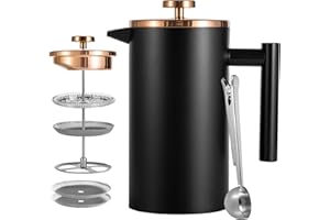 MeelioCafe Kaffeebereiter French Press 1 Liter Klein Kaffeezubereiter Doppelwandige Edelstahl Französische Kaffeepresse mit 2 Extra Sieben, Kaffeelöffel, Schwarz Roségold 1000ml (6 Tassen)