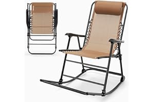 SFAREST Folding Rocking Chair, Zero Gravity Lounge Rocker with Headrest, Outdoor Portable Relaxing Recliner for Porch Garden Poolside Backyard (Brown)