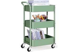 MISSLO Storage Trolley 3 Tier Rolling Cart with Wheels and Handle, Under Desk 27" Height Small Metal Utility Cart Organizer Rack Shelf, Mobile Book Cart for Office, Kitchen, Bathroom (Green)