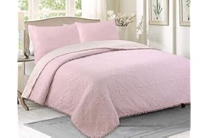 HaraDeco Colcha Boutí Beige/Rosa Cama 135 con Pompones, Confeccionado Microfibra Relleno Fina con Funda Almohada(Pompon Rosa, Cama 135)