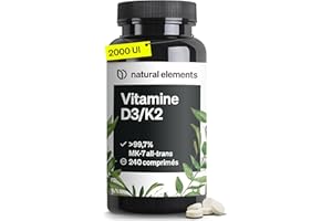 NATURAL ELEMENTS Vitamines D3 et K2 – MK-7 all-trans > 99,7% et vitamine D3 2000 U.I. – 240 comprimés – hautement dosé, haute biodisponibilité – sans additifs inutiles
