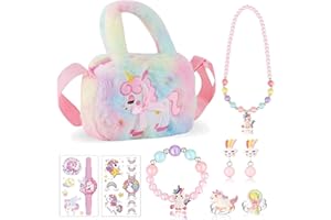 LEBKFT 9 Pcs Unicorn Jewelry Set for Girls, Unicorn Gifts for Girls Ages 3-8 with Plush Crossbody Bag Necklace Bracelet Earrings Rings Pink Birthday Presents for 4 5 6 Year Old Girl