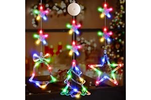 LYUBASA [Timer] 3Pcs Window Christmas Lights Decorations, Battery Powered Window Hanging Multicolor Lighted Tree Bell Star Shaped LED Sucker for Xmas Tree Fireplace Indoor