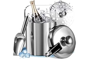 Foonii Eiswürfelbehälter, Edelstahl Eiskübel mit Deckel und Zange und Abtropfsieb,100% BPA Frei I Eisbehälter Doppelwandig I Eiseimer für Eiswürfel, Eiskühler Perfekt für Bier, Sekt, Wein (1,3L)