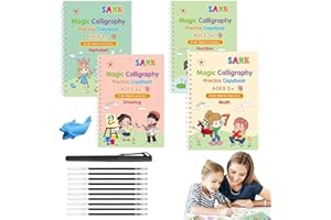 Lunyloer Magic Grooved Practice Copybook, 4 Reusable Grooved Hand Writing Books for Kids with Handwriting Aid Learn to Write Age 3-8(4 Books + 1 Fountain Pen + 10 Refills)