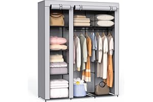 Newthinking Fabric Canvas Wardrobe, Portable Temporary Wardrobe with Hanging Rail and Zipper for Bedroom Clothes Storage Organiser, Grey