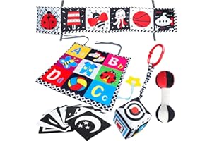 Dazhtu Libros Tela Bebe, Libros Bebe de Tela en Blanco y Negro 0-12 Meses Juguetes Sensoriales de Alto Contraste, Juguetes Sensoriales Montessori, Sonajero Bebe Libros de Tela Suave para bebés