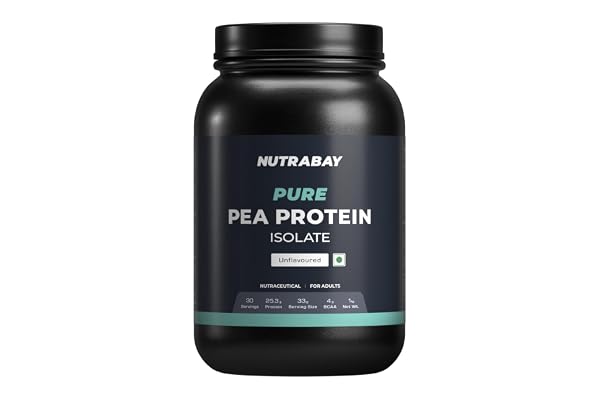 Nutrabay Pure Pea Protein Isolate - 25.3g Protein, 5g BCAA, Designed for Meal Supplementation, Easy to Digest Plant Protein for Muscle Growth & Recovery - 1 Kg Unflavoured, 30 Servings