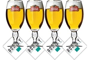 ROXLEYLTD Roxley Stella Artois - Juego de 4 vasos nucleados de media pinta | Lager Beer 28 cl | Fabricado en el Reino Unido + 4 posavasos Stella Beer