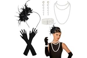 PEAKTOP Zestaw 6 akcesoriów damskich, kostium w stylu lat 20. XX wieku, Wielki Gatsby, opaska, rękawiczki, kolczyki, naszyjnik, na imprezę, bal absolwentów