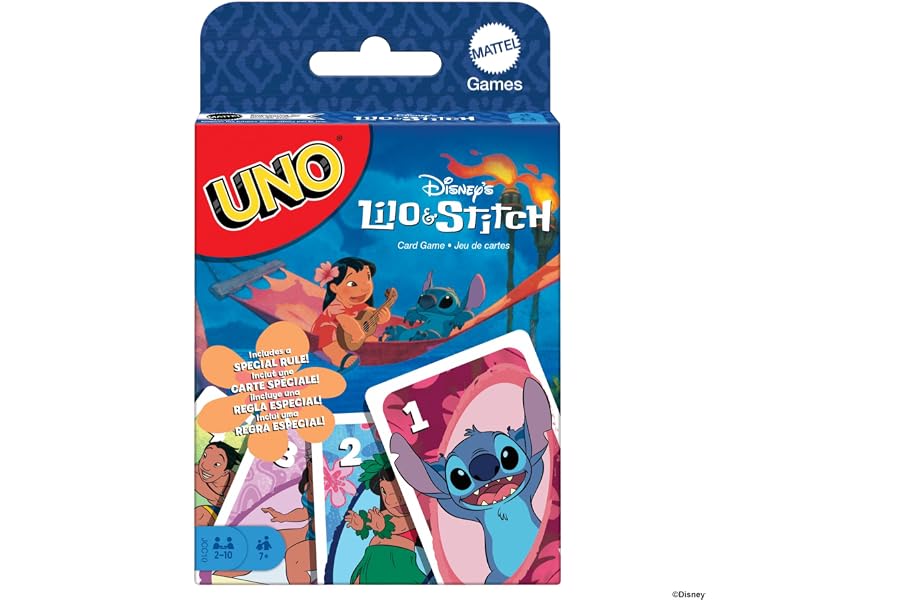 Mattel Games UNO Disney Lilo & Stitch, Juego de cartas con regla especial Ohana, inspirado en los personajes de la película, 