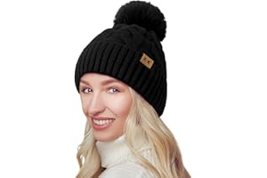YAKASU Bonnet Femme Hiver - Chapeau Femme Pompon Bonnet en Tricot Chaud Doublé Polaire Knitted Beanie Femme Bonnet Hats d'hiver Chic Fille Noir Blanc