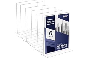 DASHER PRODUCTS Acrylic Sign Holder A4 - Acrylic T Shape Table Top Display Stand, Double Sided, Bottom Load, Portrait Style Menu Ad Frame. Perfect for Restaurants, Promotions, Photo Frames, Classroom (A4 - 6 Pack)