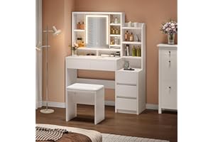 YITAHOME Dressing Table With Mirror and Stool, Vanity Makeup Desk White Bedroom Dressing Tables with LED Lights 5 Drawers, Power Outlet Adjustable Brightness, Modern Makeup Table