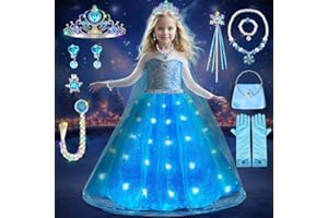 COYBTO Robe Princesse Fille, LED Robe Reine des Neiges Anna avec Perruque Lumineuse Couronne Princesse Ensemble, Deguisement Princesse Elsa, Robe de Princesse Elsa pour Carnaval