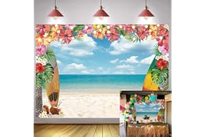 WANGRJ Toile de Fond d'été hawaïenne-Ciel-Océan-Palmier Tropical-Planche de Surf à Paillettes-Décor de Photographie pour Décoration de fête d'anniversaire pour Enfants 2,4 x 1,8 m