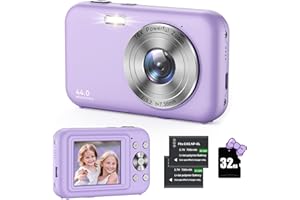 UMIPYIZA Digitalkamera, Kamera Fotokamera mit 32GB Karte, 44MP 1080P FHD Kinderkamera 2,4 ' LCD 16X Digitalzoom Kompaktkamera, Tragbare Fotoapparat mit 2 Akku, für Kinder, Teenager, Anfänger (Lila)