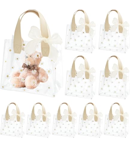 Geyoga Geschenktüten Mit Rosa Schleife – Transparent, 17,8x25,4x8 Cm, Mit Griffen, Wiederverwendbar