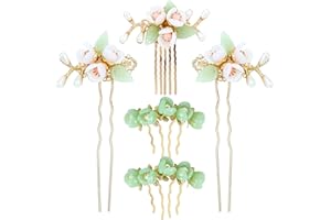 inSowni 5 Pieces Vintage Retro Traditional Asian Chinese Hanfu Pearl Green Jade Flower Hair Side Combs Slides Metal Hair Pins Sticks Chopsticks Bun Updo Holders Hair Accessories for Women Girls