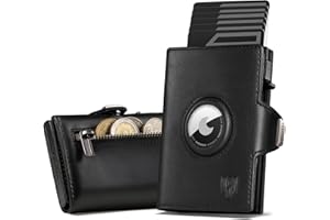 DODENSHA AirTag Wallet for Men, RFID Blocking Leather Card Holder with Pop-Up Mechanism, Compact Trifold Wallet with ID Window & Coin Pocket, Gift Box Included (Black)