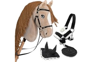 HOBBY HORSE LAND Hobby Horse Beige A3, Cheval bâton Complet avec Filet, Mors, rêne, Licol et Bonnet Anti-Insectes Noir Et Blanc. Tête de Cheval bâton pour Hobby Horsing Enfants et Adolescents