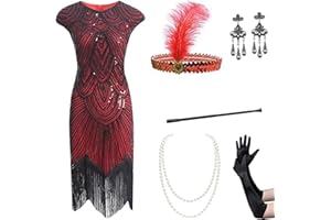 Gammify Abito da sera da donna anni '20, con scollo a V, con perline e frange, set di accessori 20