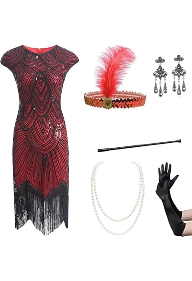 Jaren 20-jurken voor dames, flapper jurk met pailletten, kralen en franjes, netkousen, jaren 20-accessoires, maffia-kostuum voor dames