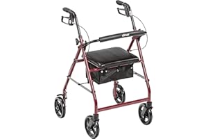 Drive Medical Aluminum Rollator Walker Fold Up and Removable Back Support, Padded Seat, 7.5" Wheels, Red