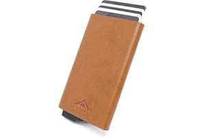 Stealth Wallet Tarjetero Hombre con Protección RFID - Cartera Tarjetero con Pop Up y Caja de Regalo - Porta Tarjetas de Crédito de Metal Delgado y Ligero (Cuero Tostado)
