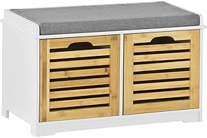 ‎SOBUY SoBuy Schuhbank Sitzbank mit Stauraum – Schuhregal mit 2 Körben, Sitztruhe mit Sitzkissen – Flurbank Kommode für Eingangsbereich – Belastbar bis 120kg, 71x43x34cm – Weiß + Natur FSR23-K-WN