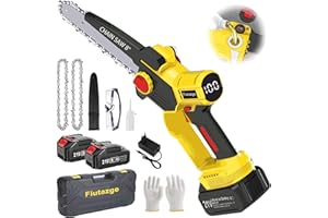 FIUTAZGE Mini Motosega a Batteria 8 Pollici, Motosega a Batteria per Potatura con 2 Batteria e Caricatore, con Pompetta Olio e Chiusure di Sicurezza A Destra e A Sinistra per il Taglio del Legno e Giardini