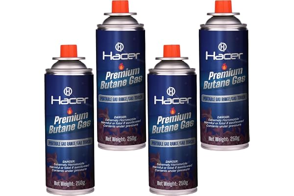 Hacer 4 x 250g Pure Butane Gas Cartridges for Camping Stove, Portable High Pressure Refill Fuel for Welding Torch, Fogging Machine & Lighters, Non-Freeze Canisters Pack of 4
