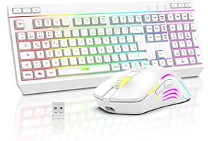 ‎REDTHUNDER RedThunder K20 Kabelloses Gaming Tastatur und Maus Set, QWERTZ DE Layout, RGB Hintergrundbeleuchtung + Multimedia Funktionstasten, 4800DPI Kabelloses Maus für PC Mac Laptop(Weiß)