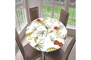 Lukery Nappe Ronde avec Bord Élastique, Nappe de Table Essuyable Anti-Taches, Végétaux Nappe Bord Ajustable pour Cuisine Jardin Exterieur Restaurants (Diamètre 90cm,Beige)