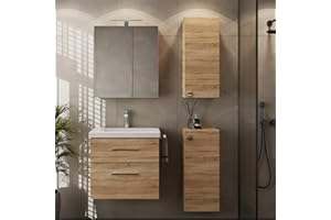 Planetmöbel Badmöbel Set Waschtisch mit Unterschrank 63 x 60 x 36,5 cm, Spiegelschrank 60 cm mit LED-Leuchte (schwarz matt) & Steckdose, inkl. 2X Midischrank, Moderne Badezimmer Möbel, Sonoma Eiche