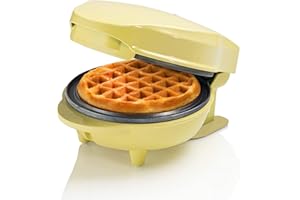 ‎BESTRON Bestron Mini-Waffeleisen für klassische Waffeln, kleiner Waffelmaker mit Antihaftbeschichtung, für Kindergeburtstage, Familienfeiern, Ostern oder Weihnachten, Retro Design, 550 Watt, Farbe: Gelb