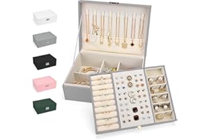 Duemste Jewellery Box Organiser for Ladies Large PU Leather Jewellery Gift Storage with Removable Tray Double Layer Jewellery Storage Case for Earring Necklace Watch,Grey