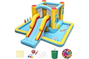 COSTWAY Castello Gonfiabile 7 in 1 per Bambini con Scivolo, Castello Gonfiabile con Mongolfiera, 50 Palline, Anelli e Basket, Gioco Gonfiabile da Interno ed Esterno, per Bambini da 3 a 10 Anni