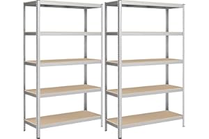 SONGMICS 5-Tier Heavy-Duty Shelving Units, Set of 2 Steel Shelving Units for Storage, Boltless Assembly, for Garage, Shed, Load Capacity 750 kg, 60 x 120 x 200 cm, Silver GLR060E02