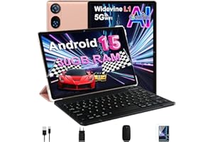 DMOAO Tablet 10 Pulgadas Android 15 con Gemini AI, 30 GB RAM + 2 TB ROM Expansión, 5G WiFi, GPS, Widevine L1, Octa-Core, BT 5.0, 6000mAh, USB-C, FHD Tablet con Teclado+ Ratón + Funda, Oro