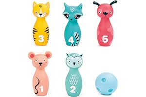 Ludi - Jeu de Quilles Souples pour Bébé - Dès 10 Mois - 5 Quilles Animaux Faciles à Prendre en Main + Balle Ergonomique - Dextérité, Vise et Coordination - Silencieux et Léger - 100% PVC, Lavable