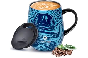 Ideus Coffee Mug 470ml (16oz), Double Wall Vacuum Insulated Stainless Steel Coffee & Tea Cup w/Non-Slip Handle & Slider Module Lid & Large Volume (Blue Zebra)