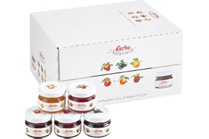 Darbo, Confetture Naturrein Assortite, Confettura in Mini Vetro, Marmellate Monodose Miste per Colazione, Albicocca, Ciliege, Lamponi, Ribes Nero, Fragole, Formato Convenienza, 60 Confetture da 28 g