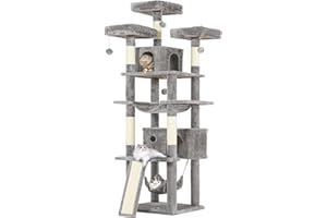 MSmask Arbre à Chat XXL Hauteur 194 cm, Centre d'activité Géant avec 3 Grandes Plate-Formes, 2 Niches Spacieuses, 2 Hamacs et 1 Planche à Gratter, Multi-Niveau avec Poteaux en Sisal, Gris Clair