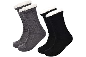 Boao 2 Paires Chaussettes Slipper Chaud pour Femme Chaussettes Fuzzy de Noël Doublé en Molleton Chaussettes Slipper Antidérapantes ,Taille unique,Noir et Gris