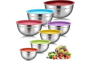 Hixava Lot de 7 Bol Acier Inoxydable avec Coloré Couvercles, Bols Mélangeurs, Saladiers, Empilable pour Un Stockage Minimal, Cuisson Essentiel Ustensiles de Cuisine