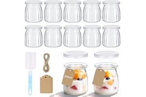 Hejo 12 Piezas Vasos Yogurtera con Tapa, 200ml Tarros de Yogur con Tapa Reutilizables, Frascos de Vidrio Pequeños, Tarros de Cristal Portátiles para Yogur Avena Mermelada de Especias(Raya)