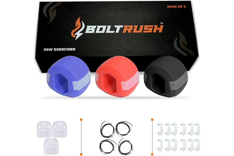 BOLT RUSH Jaw Exerciser (Pack of 3), Jaw Trainer for Jawline,3 Levels of Resistance - Includes 12 x Biting Strips, 4 x Neck Straps, Jaw Toner for Face