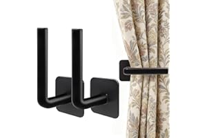 ONPERPOE 2 Pack Curtain Holdbacks, L Shaped Self Adhesive Curtain Tie Backs, No Drill Black Curtain Tie Backs Hooks, Wall Mounted Curtain Holder for Home Decor Living Room Bedroom